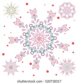 Winter background with five vector red and violet snowflakes on a white background.
