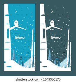 winter background in flat style design for any purpose, snowman and snow owl in front and  cable car