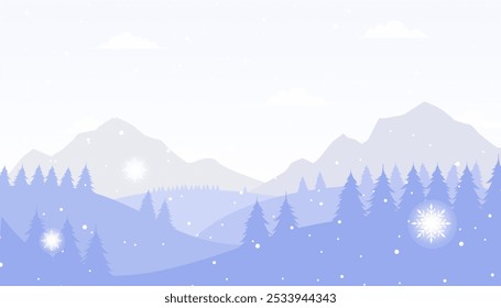 Winter background in flat style, with snow and fir trees. Beautiful winter landscape