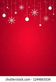 Winter background with flat white snowflakes, beads, stars and balls on red background. New Year backdrop with border. Vector Christmas background for card, invitation, wallpaper.