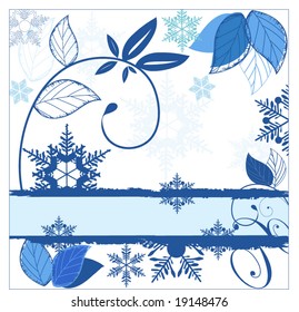 floral de fondo de invierno y copos de nieve