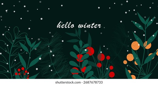 Fondo de invierno con flor, hojas botánicas y nevadas. Fondo de pantalla abstracto, cubierta, Anuncio, tarjeta de felicitación e invitación. Ilustración vectorial