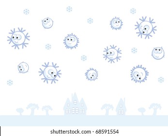 Winter background. Flying comic snowflakes. They smile. Isolated. Blue and white.
