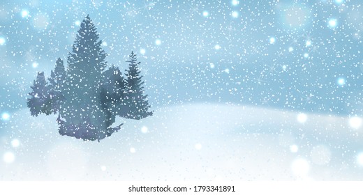 Winter background with flying sparkling snowflakes, snowdrifts and trees.Vector illustration