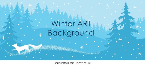Winter background.  Winter forest. Winter illustration with snowflakes and fox. Vector.