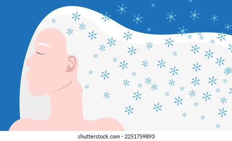 Winter background in the form of a profile of a woman with long white hair with snowflakes. The image of winter. Flat vector illustration