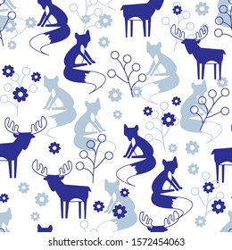 Winter background with foxes and deer in scandinavian style. Endless pattern for fabric, tile and paper on the wall.