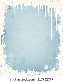 Winter background with frame of icicles and snowflakes
