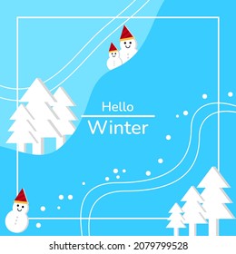 winter background. frame with trees, snowflakes and snowmans. suitable for greeting card, feed social media, banner or flyer