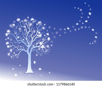 Winter background with frosty tree and  snowflakes isolated on blue background. Elegant design with copy space. Editable, can be used on brochures, posters etc. Vector and raster format.
