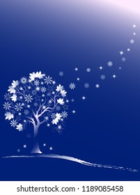 Winter background with frosty tree and  snowflakes isolated on blue background. Elegant design with copy space. Editable, can be used on brochures, posters etc. Vector and raster format.