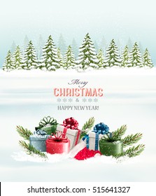 Winter background with ?hristmas gift boxes. Vector.