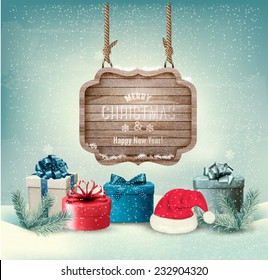 Winter background with gift boxes and a wooden ornate Merry christmas sign. Vector.