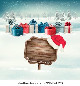 Winter background with gift boxes and a wooden ornate Merry christmas sign. Vector.