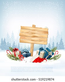 Winter background with gift boxes and a wooden ornate Merry Christmas sign. Vector.