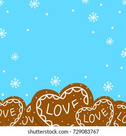 Winter background with gingerbread hearts and space for text.
