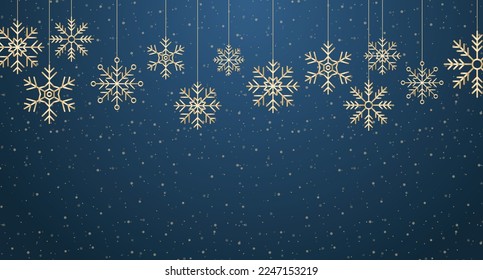 Winter background. Gold snowflakes. Abstract snowflake border. Snowfall backdrop. Winter holidays theme. Background with snowflakes. Vector illustration