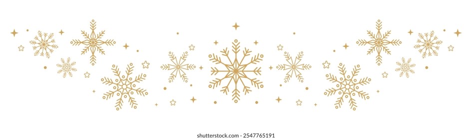 Fondo de invierno. Copos de nieve dorados bordean con estrellas y nieve. Anuncio de Navidades. Marco de Vector o divisor para la decoración feliz del año Nuevo 2025.