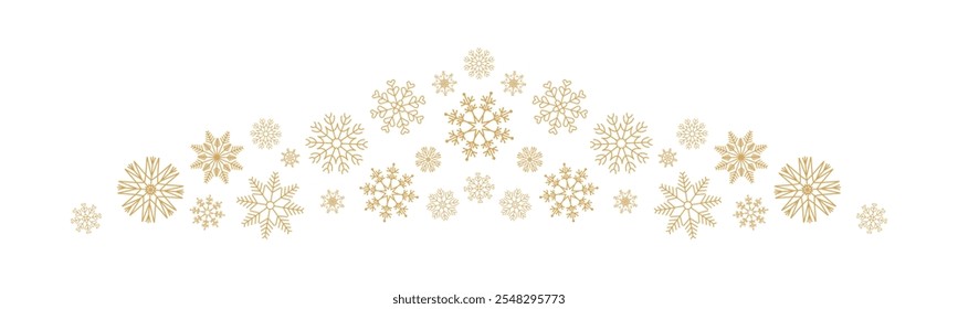 Fondo de invierno. Copos de nieve dorados bordean con estrellas y nieve. Anuncio de Navidades. Marco de Vector o divisor para la decoración feliz del año Nuevo 2025.

