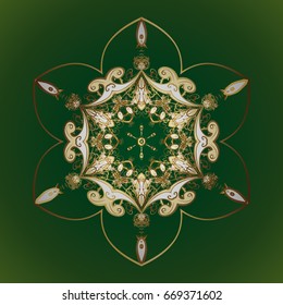 Winter background with golden snowflake and dots. Vector on colorful background.