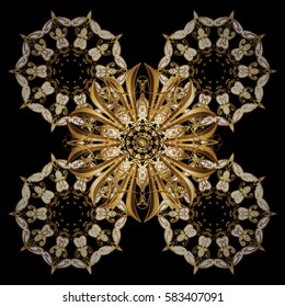 Winter background with golden snowflakes and dots. Vector on black background.