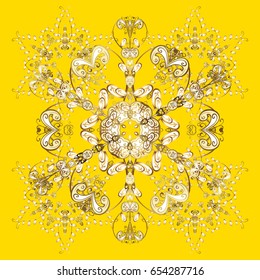 Winter background with golden snowflakes and dots. Vector on yellow background.