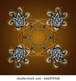 Winter background with golden snowflakes and dots. Vector on brown background.