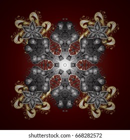 Winter background with golden snowflakes and dots. Vector on brown background.