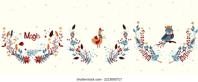 Winter background with goose, funny owl sitting on a branch in a scarf, Christmas wreath of flowers and leaves. Winter compositions. Perfect for greeting cards, poster, postcard, banner. Vector.