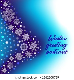 Winter background with gradient mesh, white snowflakes and blurred dots. Vector snowfall greeting card.
