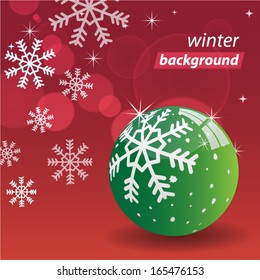 Winter background, green ball on red with snowflakes, vector illustration.