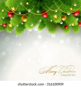 Winter background with green pine branch and baubles. Christmas  tree decoration. Vector illustration.