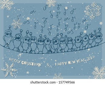 Winter background, hand - drawn birds with Christmas hats singing a song and falling snow, Christmas illustration