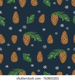Winter background with hand drawn cones, pine spruce and snowflakes. Seamless pattern for textile, wallpapers, gift wrap and scrapbook. Vector.