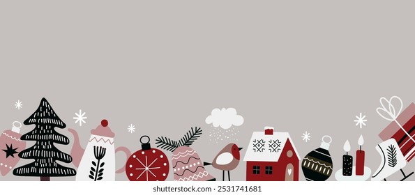 Winter background with hand drawn cute Christmas elements. Horizontal banner with place for text. Merry Christmas and New Year. Vector illustration.