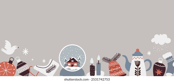 Winter background with hand drawn cute Christmas elements. Horizontal banner with place for text. Merry Christmas and New Year. Vector illustration.