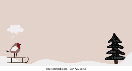 Winter background with hand drawn cute Christmas elements. Horizontal banner with place for text. Merry Christmas and New Year. Vector illustration.	