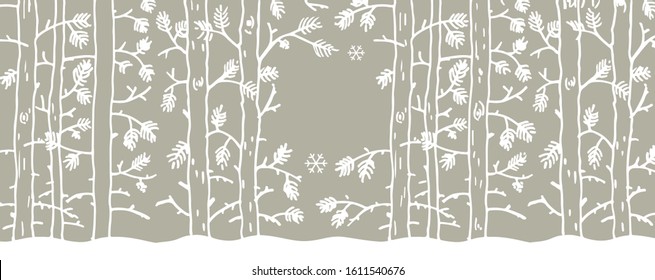 Winter background hand drawn illustration. White pines on gray. Vector illustration
