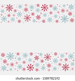 Winter background with hand drawn snowflakes and copyspace. Christmas decoration. Vector