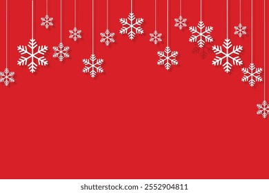 Winter background with hanging snow particles, red background, shadows, and clear lower area