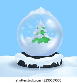 Winter background Happy New Year. Merry Christmas ball with green pine tree covered snow, on snowy landscape realistic 3d mockup. Holidays decorations glass globe. Vector illustration