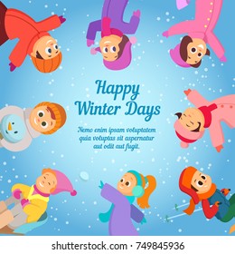 Winter background with happy school kids. Poster template with place for your text. School winter holiday, happy cartoon kids, vector illustration