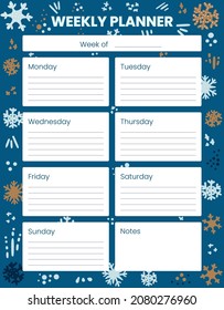 Winter background. Holidays, Christmas. Printable Weekly planner, organizer. Hand-drawn notes, to do list. Time management planning sheets. Pre-made stationery organizers. Shopping, meals list, notes