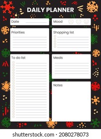 Winter background. Holidays, Christmas. Printable Daily planner, organizer. Hand-drawn notes, to do list. Time management planning sheets. Pre-made stationery organizers. Shopping, meals list, notes