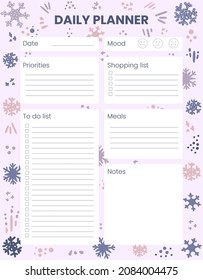 Winter background. Holidays, Christmas. Printable Daily planner, organizer. Hand-drawn notes, to do list. Time management planning sheets. Pre-made stationery organizers. Shopping, meals list, notes