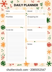 Winter background. Holidays, Christmas. Printable Daily planner, organizer. Hand-drawn notes, to do list. Time management planning sheets. Pre-made stationery organizers. Shopping, meals list, notes