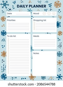 Winter background. Holidays, Christmas. Printable Daily planner, organizer. Hand-drawn notes, to do list. Time management planning sheets. Pre-made stationery organizers. Shopping, meals list, notes