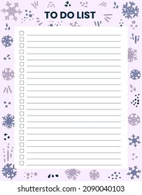 Winter background. Holidays, Christmas. Printable Weekly planner, organizer. Hand-drawn notes, to do list. Time management planning sheets. Pre-made stationery organizers. Shopping, meals list, notes