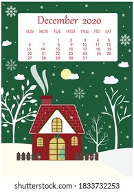Winter background with home and 2020 December calendar under moonlight and snowfall. Sweet and cute wallpaper vector art design for season greetings Christmas and happy new year celebration festival.
