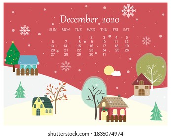 Fondo invernal con el hogar y calendario 2020 de diciembre bajo la luz de la luna y la nevada. Diseño vectorial de papel pintado dulce y lindo para saludos de temporada Navidad y feliz festival de celebración de año nuevo.